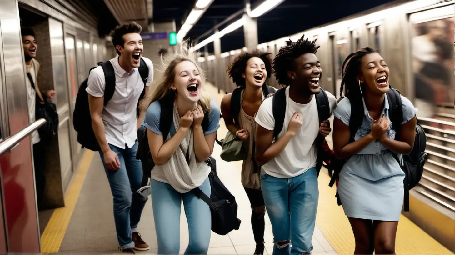 group of friends with back packs laughing on subway platform, missed the train 