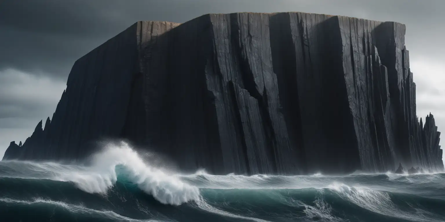 a giant jagged 100 meter tall black cliff that rises straight from the stormy sea