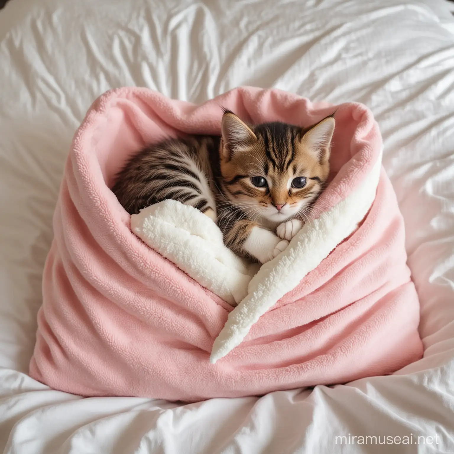 Adorable Baby Cat Sleeping Peacefully in Bed with Warm Blankets