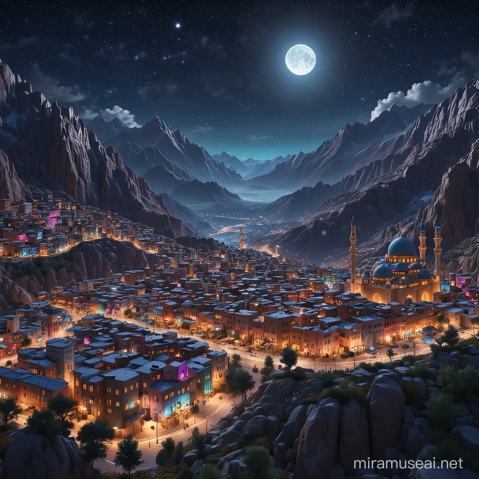 A beautiful colorful 3d Muslim city, night time, with moon and stars, in a mountainous environment 