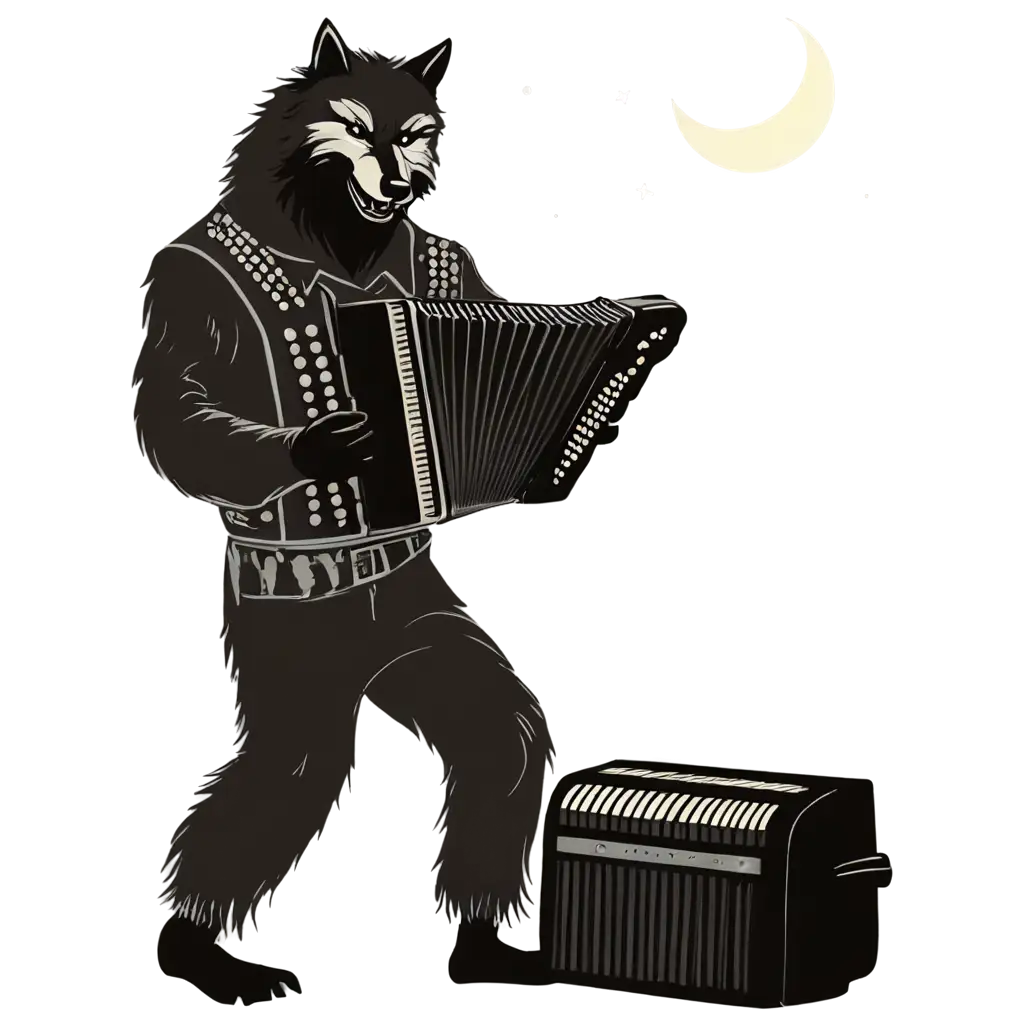 vector 
wolfman howling at moon playing accordion
