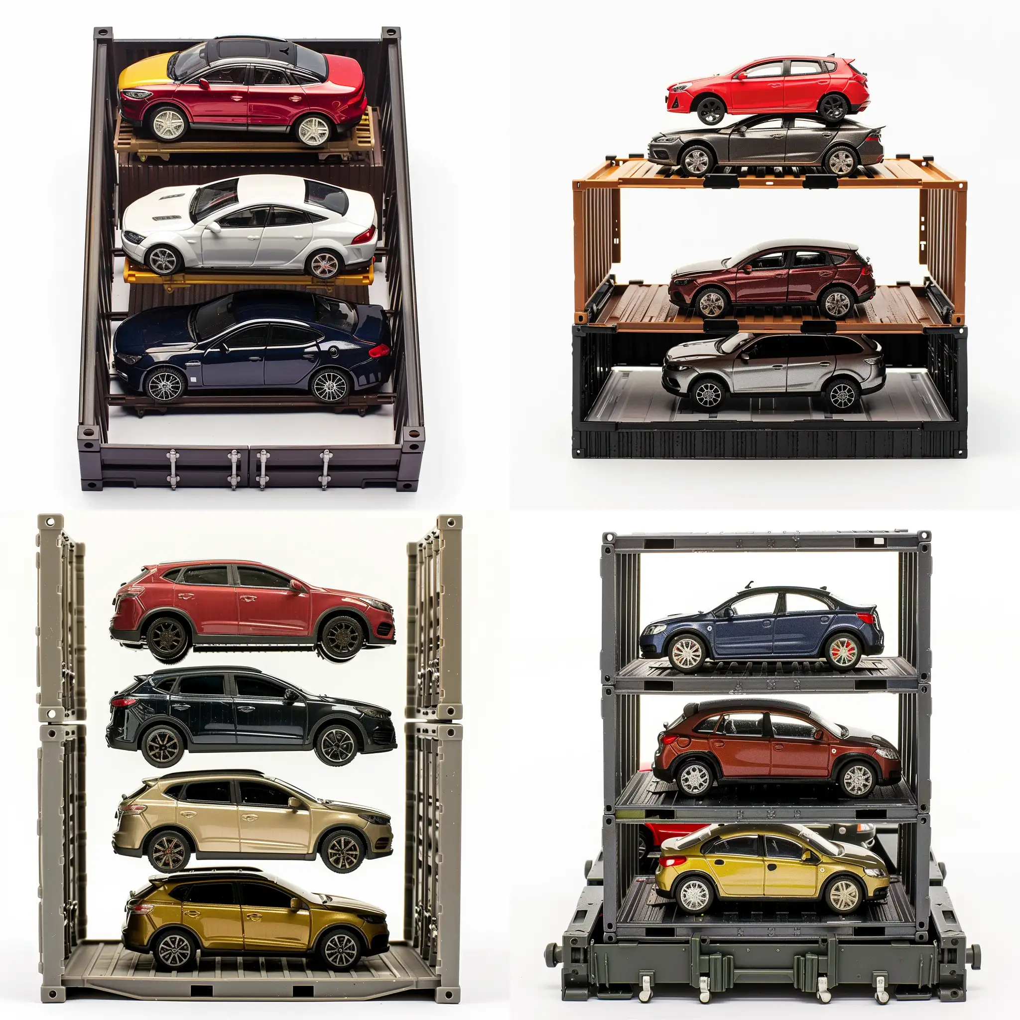 Four-Cars-Stacked-in-a-Container-on-White-Background