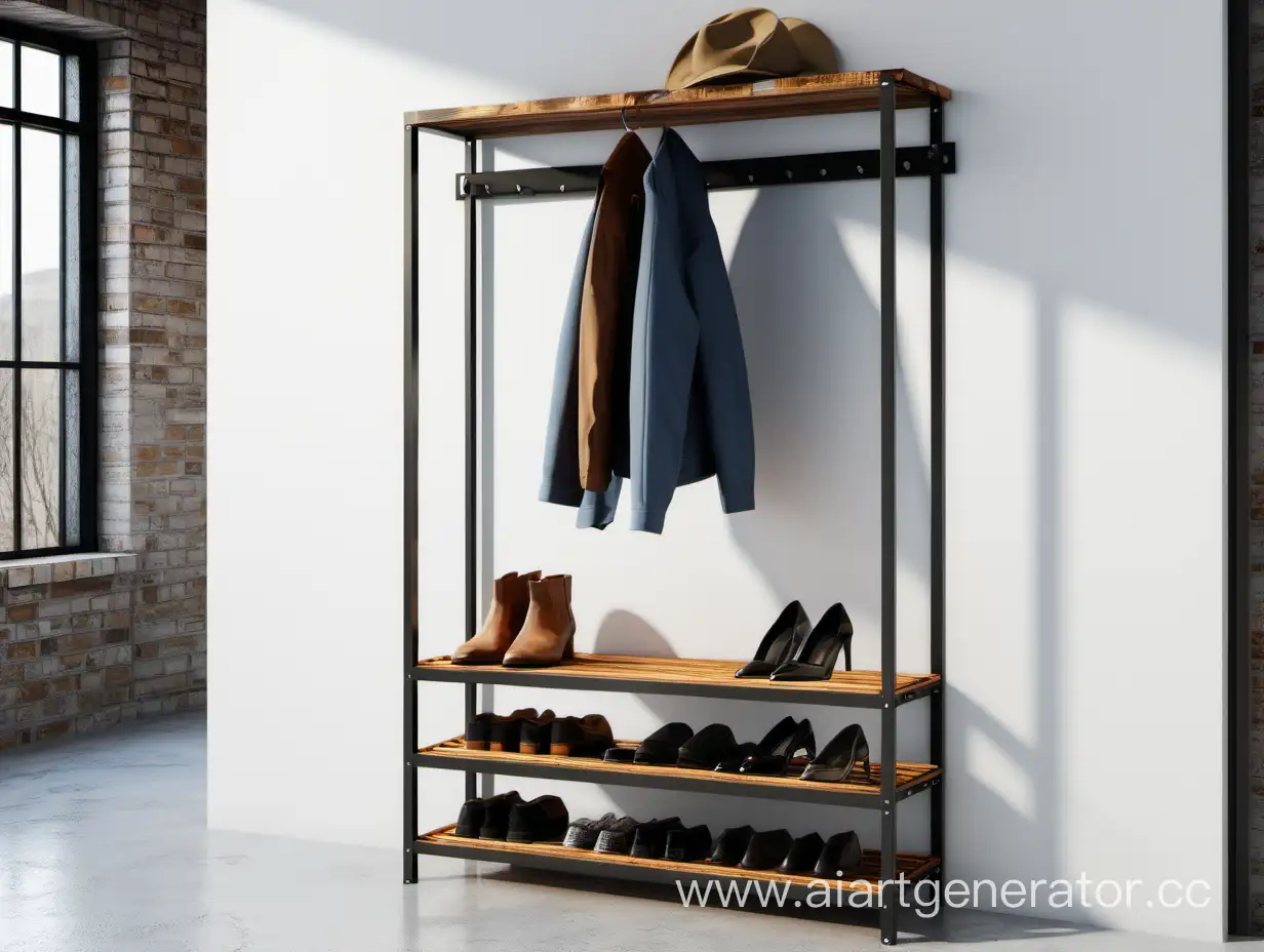 Modern-Loft-Style-Hallway-Shoe-Rack-with-Metal-Frame-and-Wooden-Shelves
