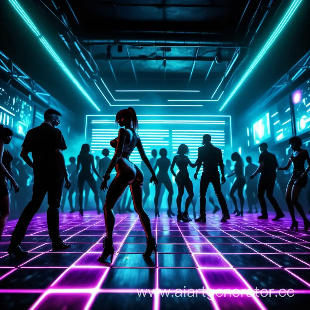 танцпол в клубе с танцующими людьми в стиле киберпанк