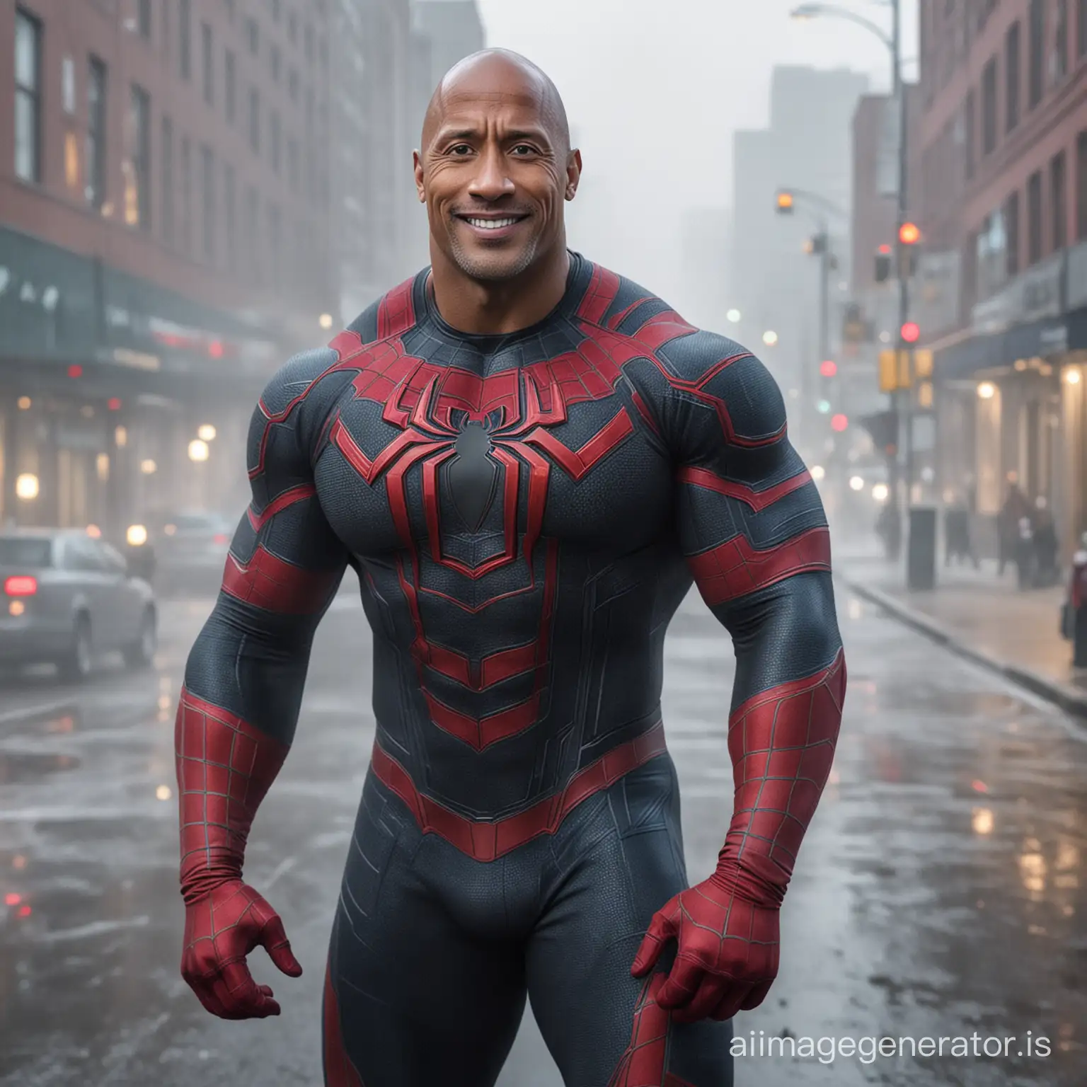 Dwayne Johnson in original Spiderman suit, smile in camera, No Mask, semi full body, photorealistic, 16k photography, in foggy Canada street as background.