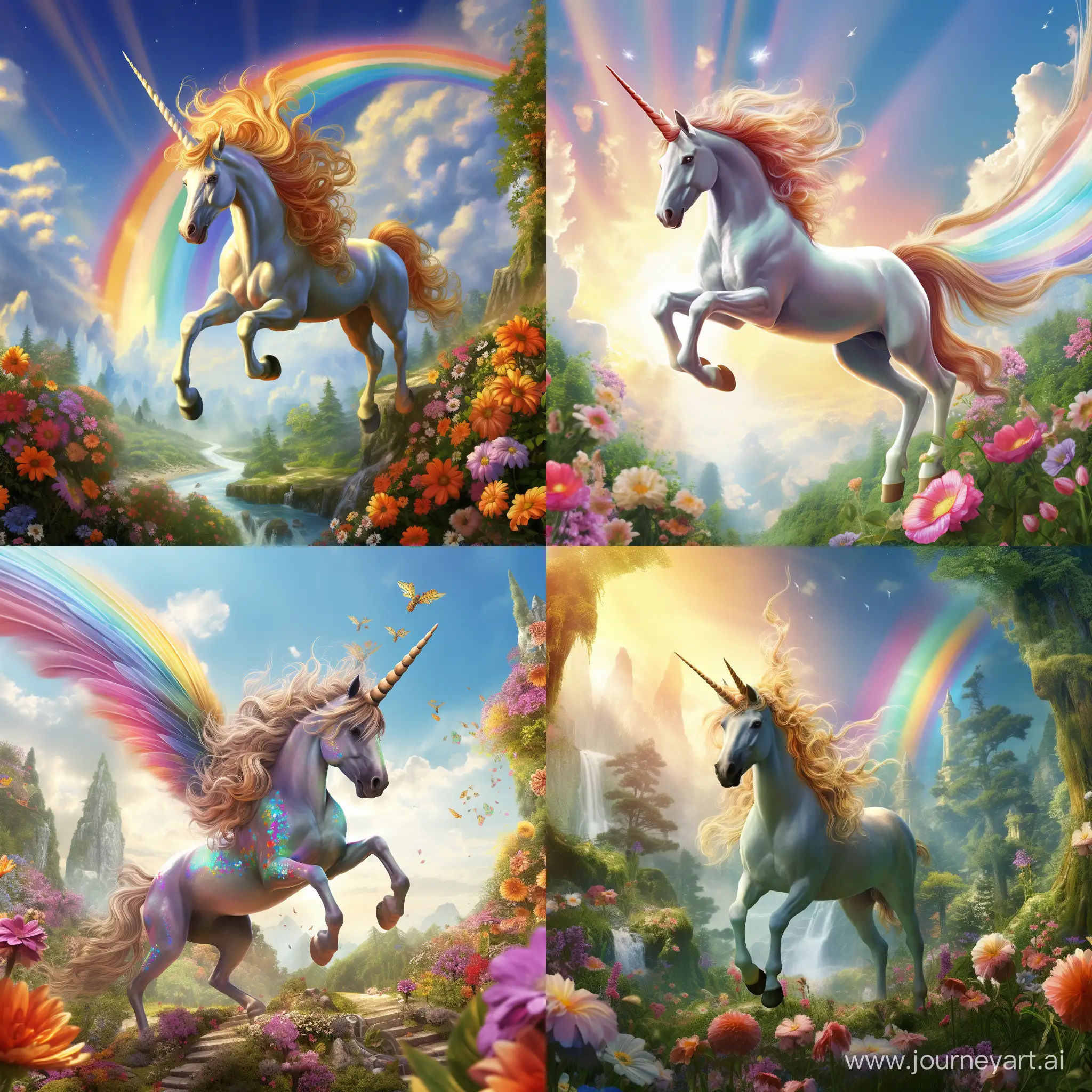 A unicorn in the air going over a rainbow on a beautiful sunny day