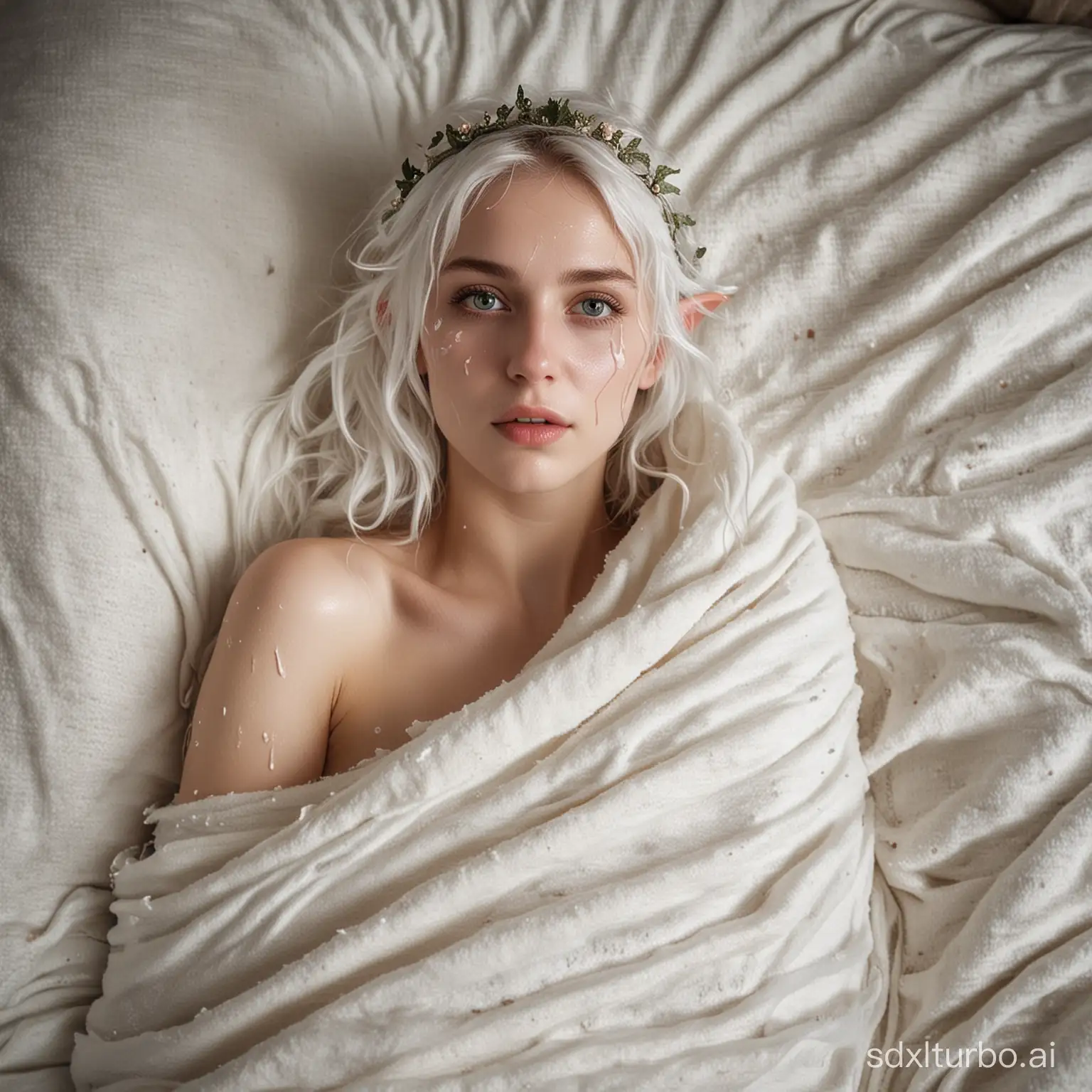 an elf princess wrapped teasingly in a rough blanket, yoghurt stains on her face, sexy