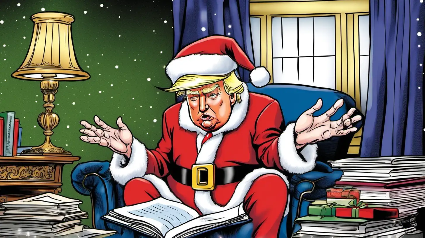 cartoon donald trump sitting down wearing a santa suit holding a twas the night before christmas book