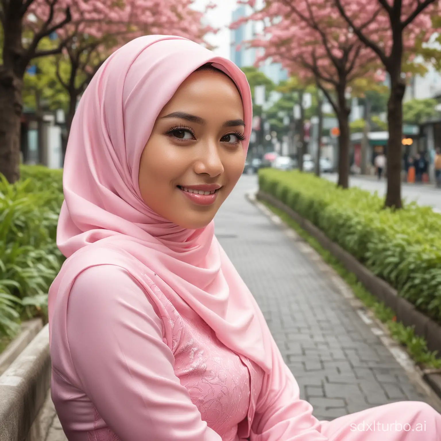 The Ultra HD 8k photo shows a very beautiful Indonesian woman with pure, shining white skin in an elegant pink dress, wearing an elegant hijab, sitting on the outskirts of Tokyo. With a smile and an expression full of feeling.