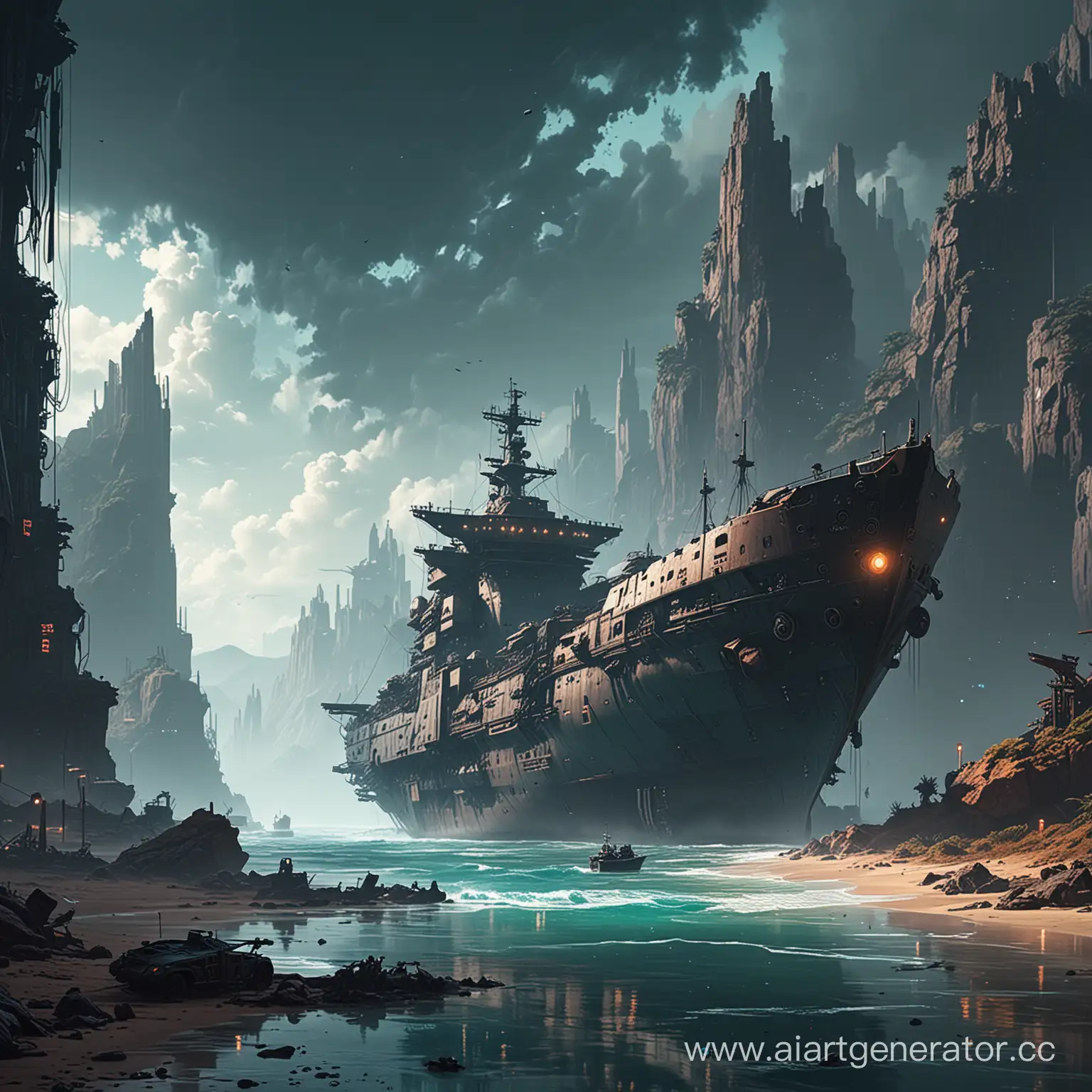 landscape, ship, cyberpunk style