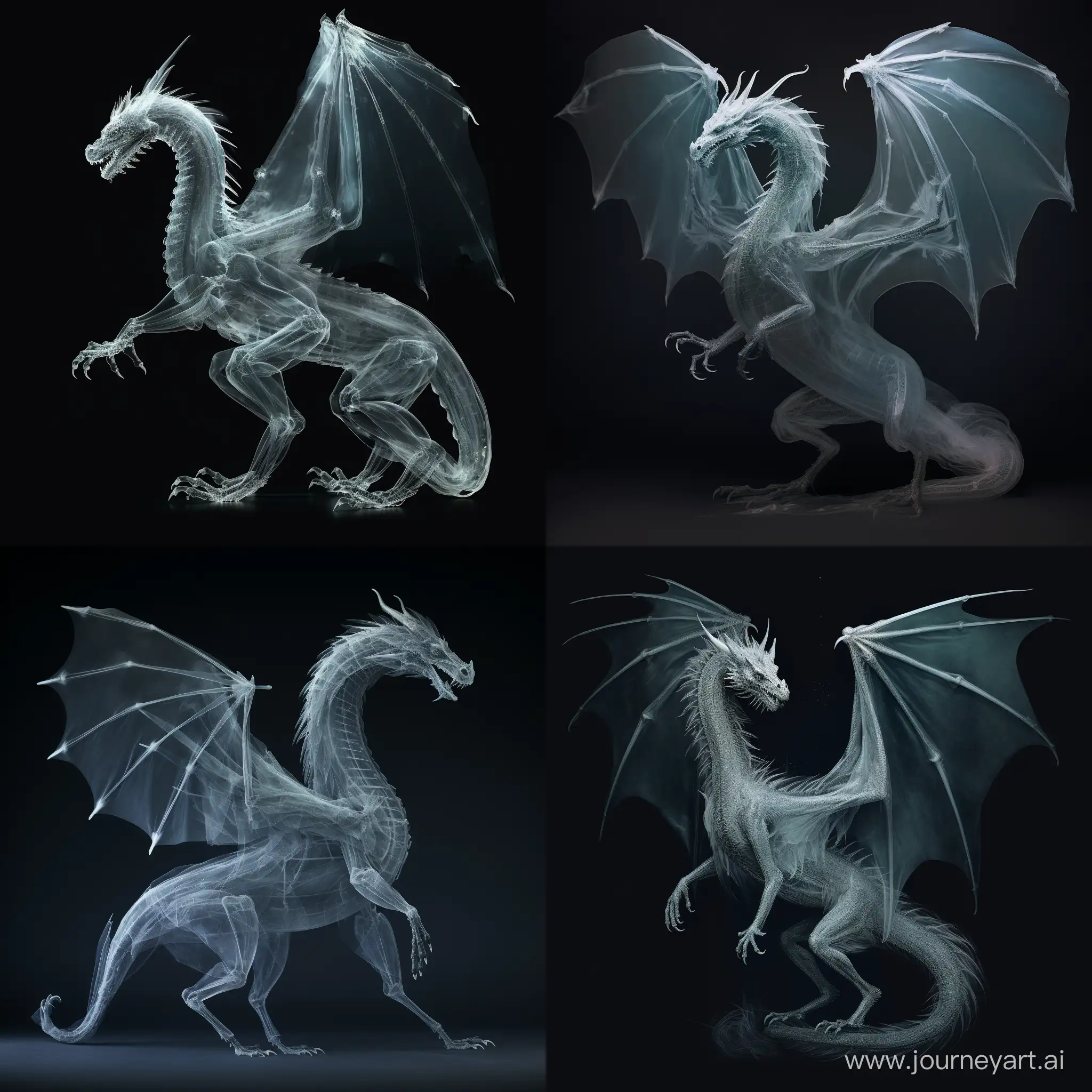 full body side view x-ray photo of a dragon on a dark grey background