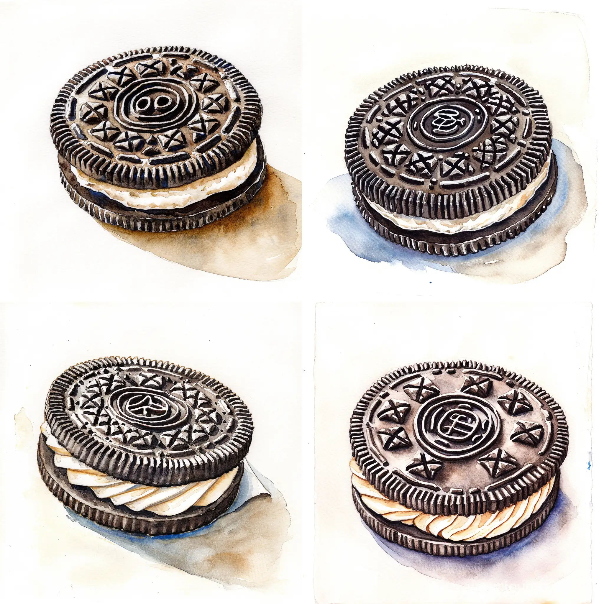 An Oreo cookie, watercolor