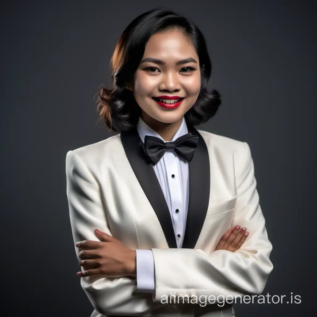 cruel indonesian woman with shoulder length hair and lipstick wearing an ivory tuxedo with a white shirt and a black bow tie, cufflinks, crossing her arms, smiling