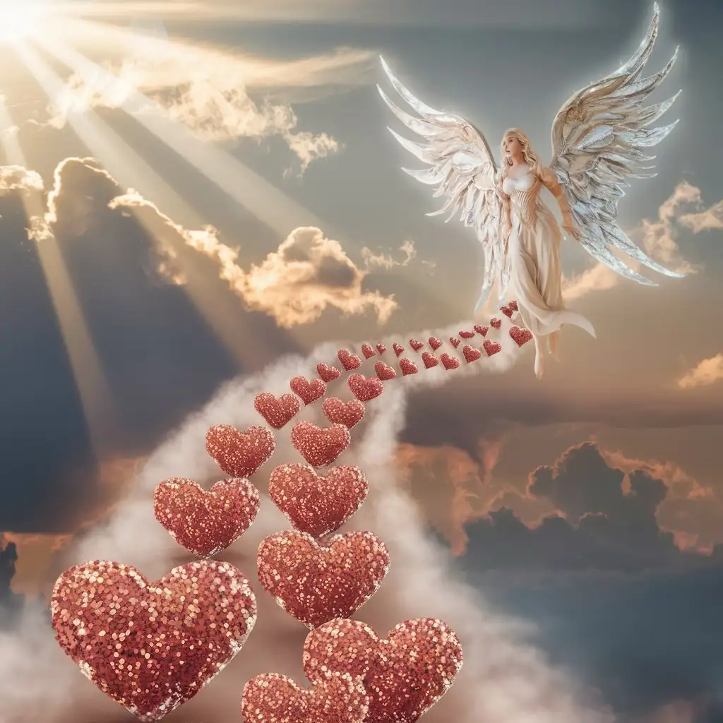 glitter hearts making a path up to the clouds in the sky, sun rays, beautiful angel wings in the sky, 