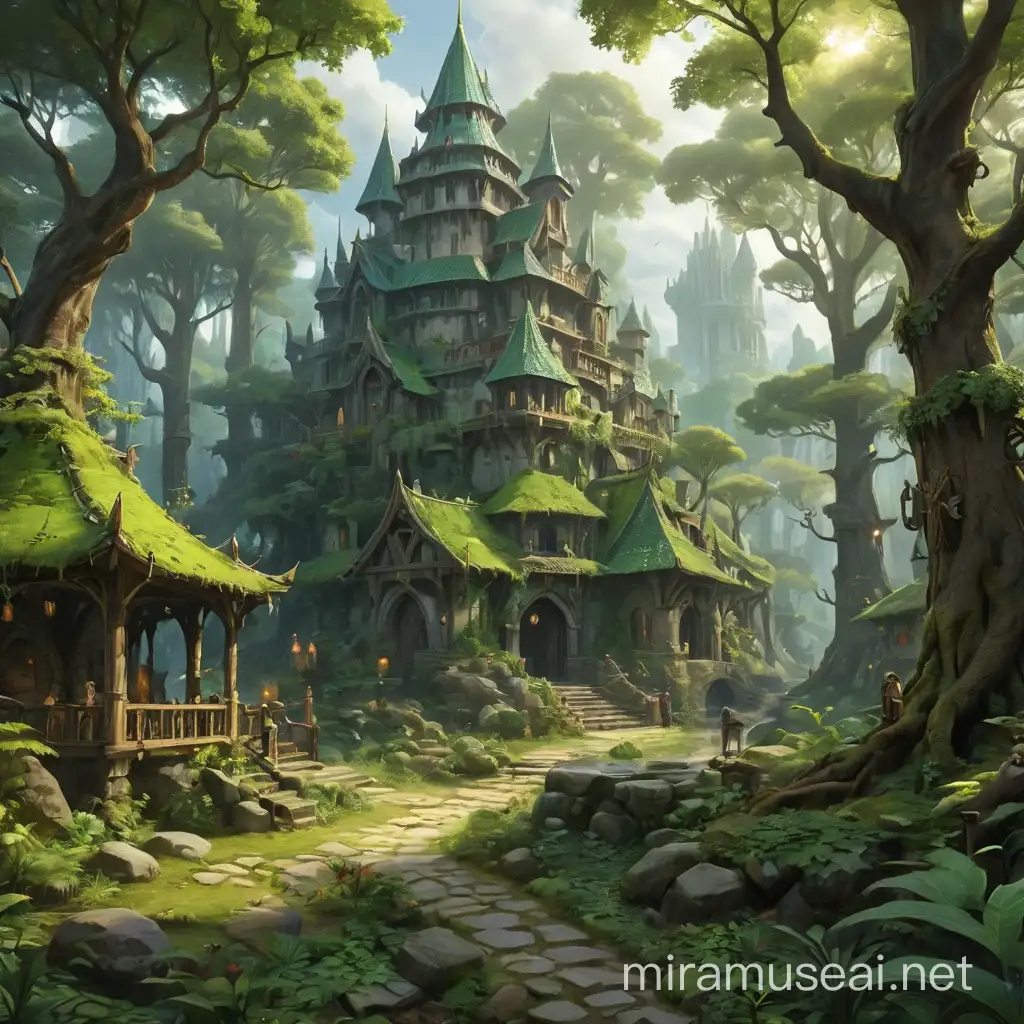 Elven City in Forest Mystical Dungeons and Dragons Fantasy Art