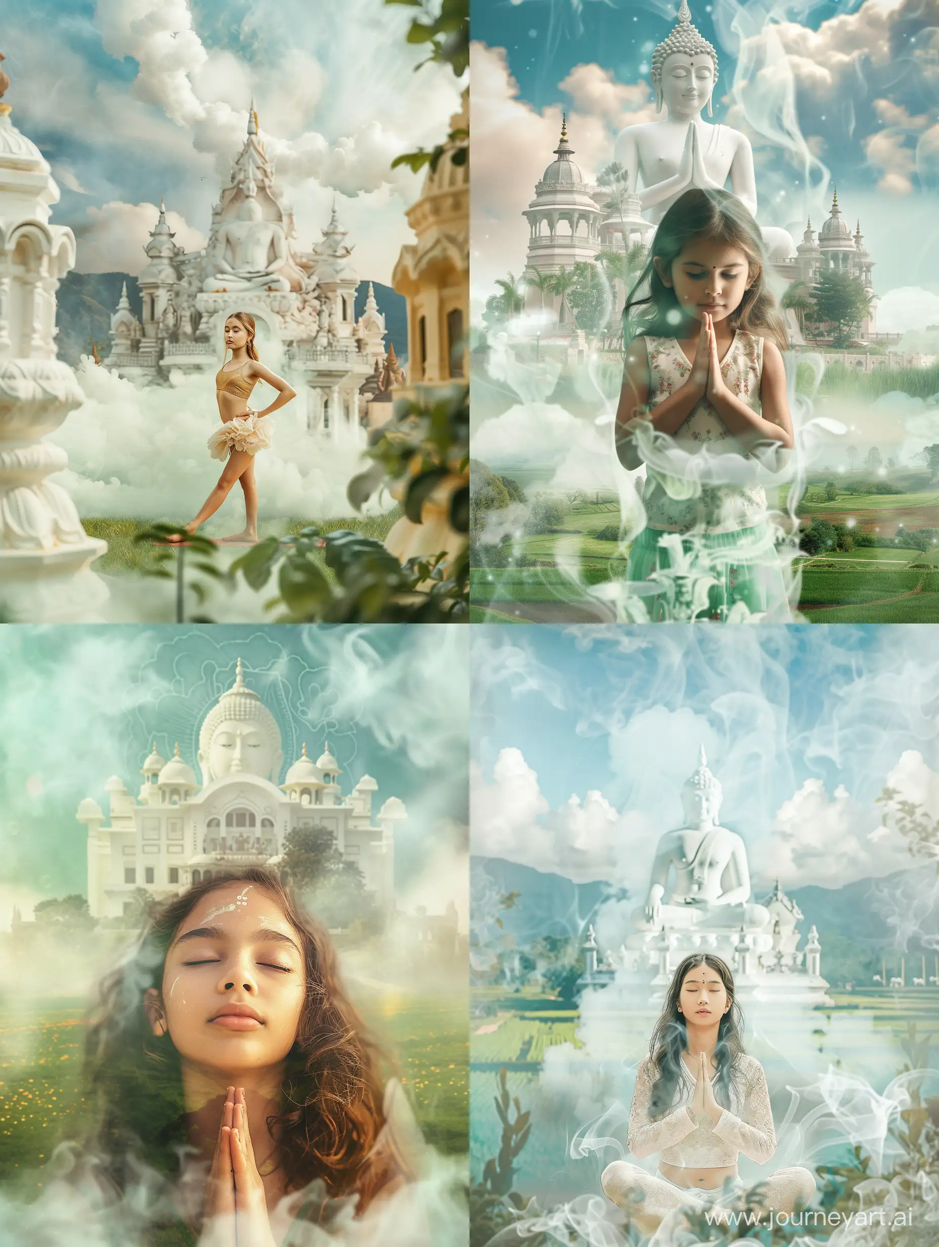 beautiful young girl, doing yoga on the background of buddha, white temple, around mystical white smoke and green fields of india