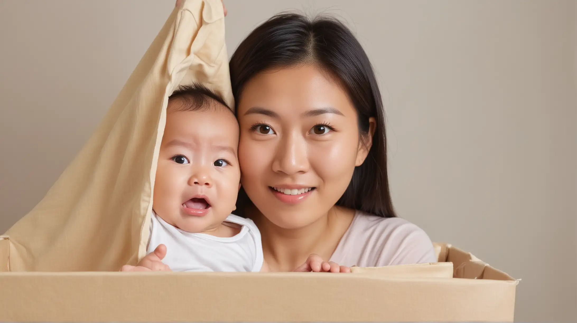 one asian mom is playing peekaboo with her infant