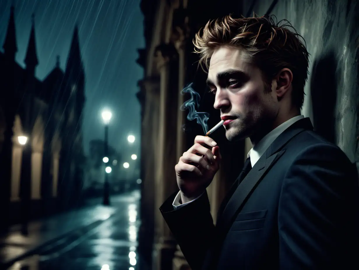 Robert Pattinson, smoking cigarette, cinematic portrait of a beautiful man, leaning against a wall, rain blurring the gothic architecture background, night time