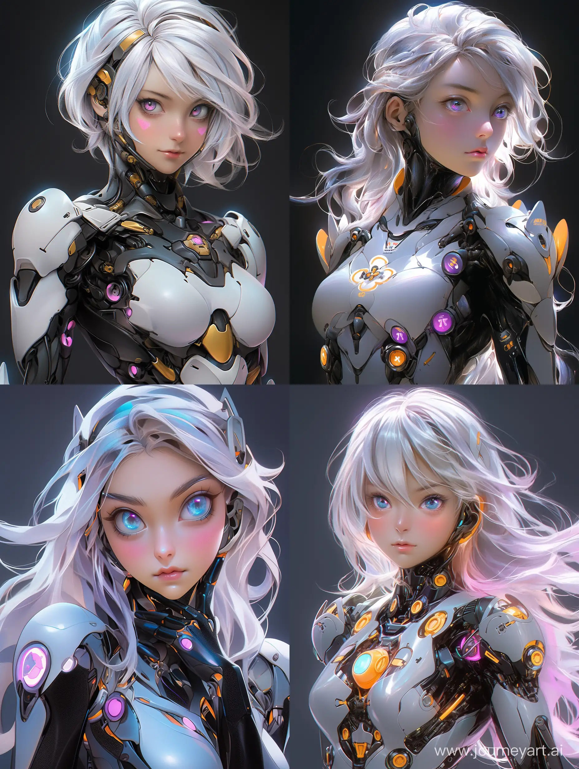 robot girl with ultra chromatic skin and white hair, pretty and beautiful face, very dark background with glowing holographic bubbles, frugiter aero aesthetic, ultra glossy and ultra realistic textures, octane render and rtx, --s 500 --niji 5 --style expressive