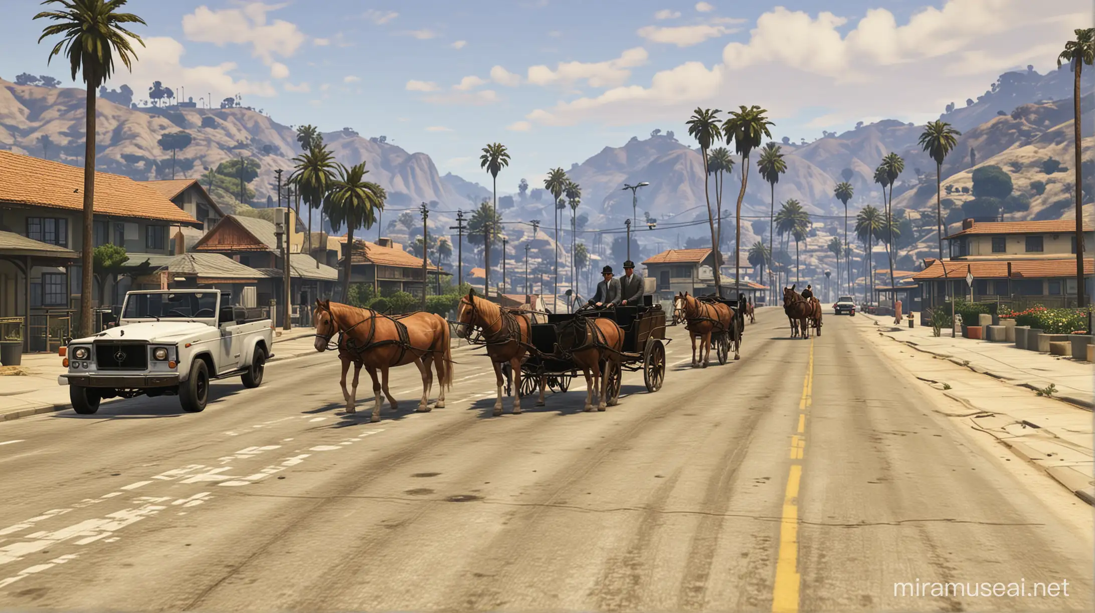 GTA 5, Los Santos, viele Pferde und Kutschen statt Autos