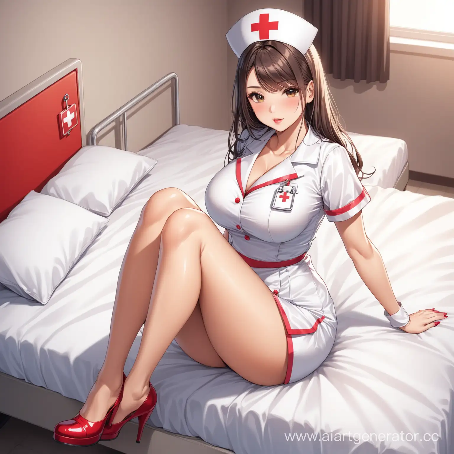 девушка с большой грудью, в чулках, в мини-юбке, среднего роста, лежит на кровати, в костюме медсестры, в туфлях на каблуках