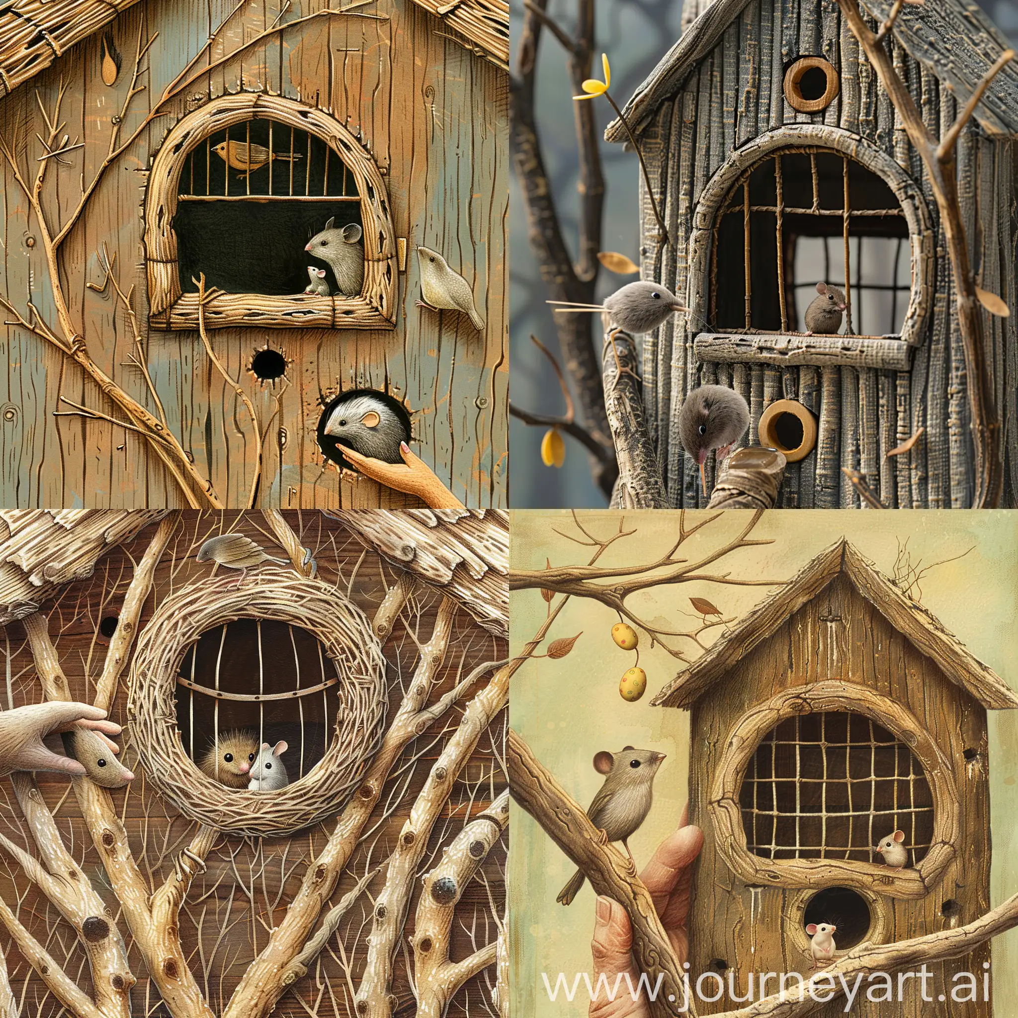 vintage twig hand, window and hole, house shaped birdcage made of wood, little mouse outside (in focus), two birds in the hole of the birdcage, simple image pattern, hand drawn, Easter colors, abstract, bright and whimsical, funny, children's storybook style, webtoon style