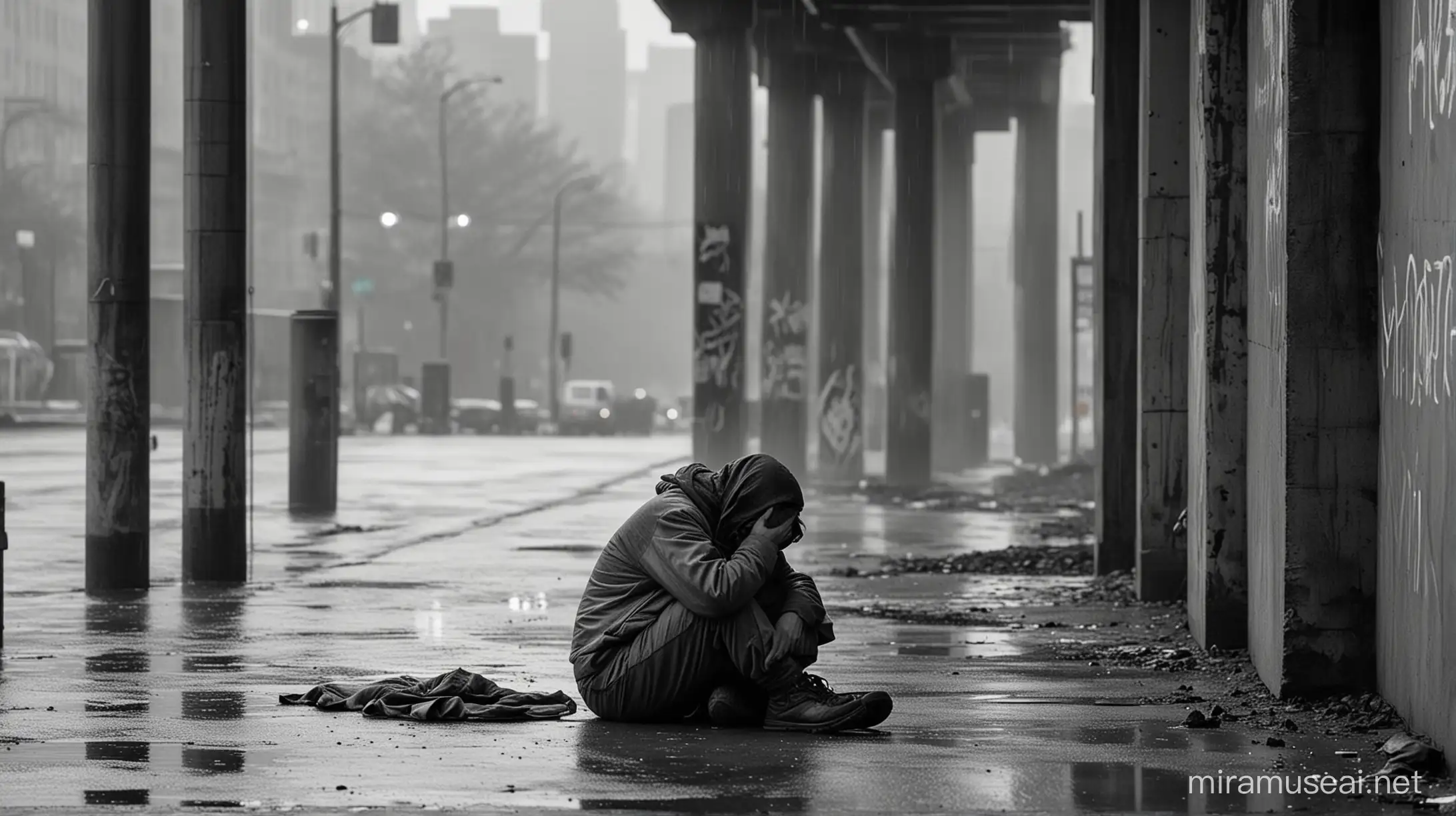 A color photo of a homeless woman huddled under a bridge in the rain, captured by a photojournalist using a telephoto lens. The lens size should be 200mm, the aperture setting f/4.5, and the ISO 1600. The lighting should be dim and gloomy, with the rain creating a soft blur effect. The emotional context should be sad and desperate, conveying the loneliness and isolation of homelessness. The setting should be a desolate urban environment, with graffiti-covered walls and abandoned buildings in the background. The art medium should be color photography.