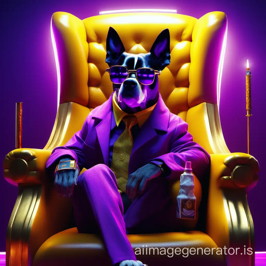 A blat dog sits in a chair wearing gold glasses, with a cigarette in his mouth. Cozy, mystical purple lighting, detailing, digital painting, cinematography, unreal 5, daz, hyper-realism, octane rendering.