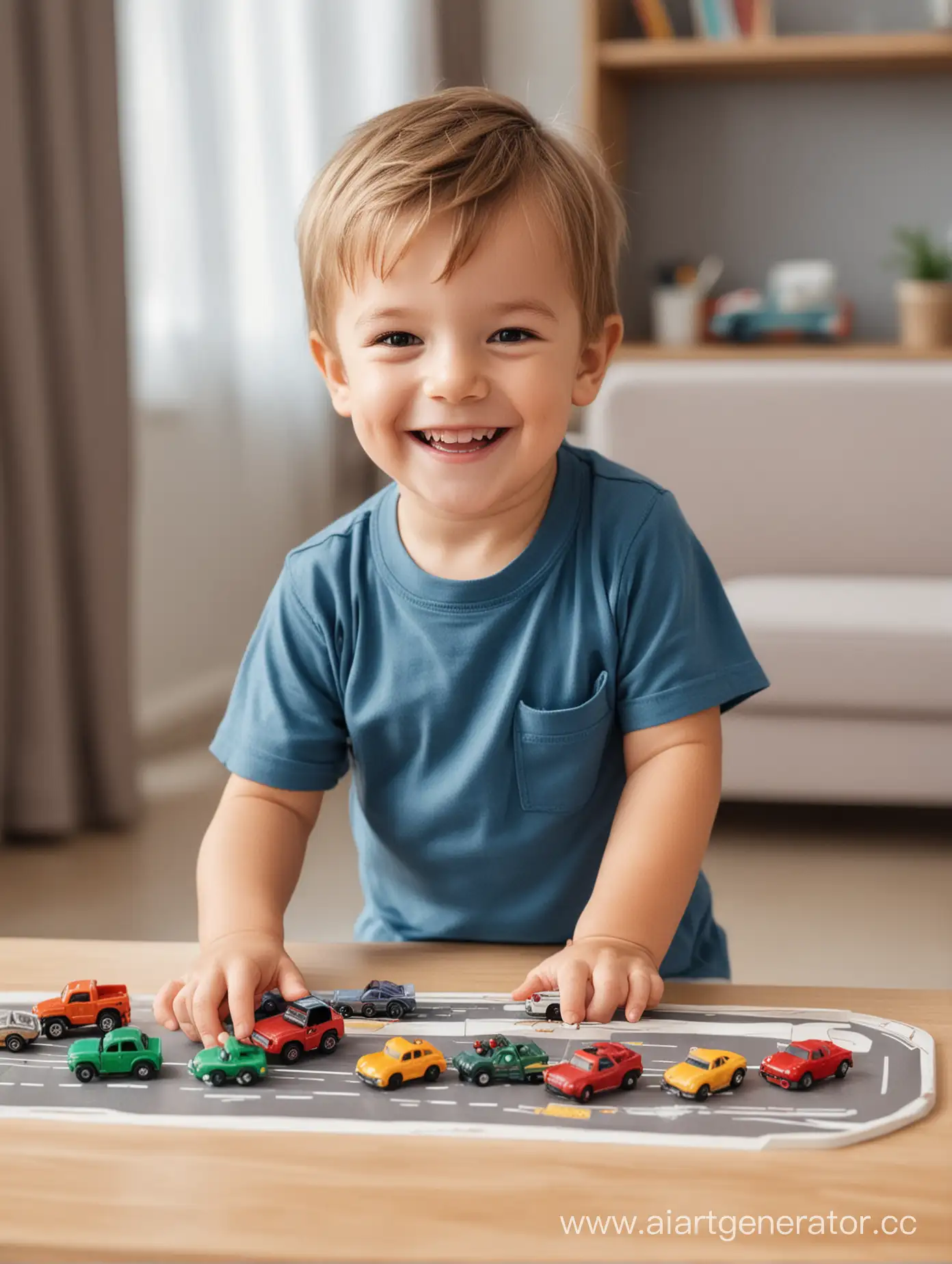 happy little boy smiling and playing with cars at the table