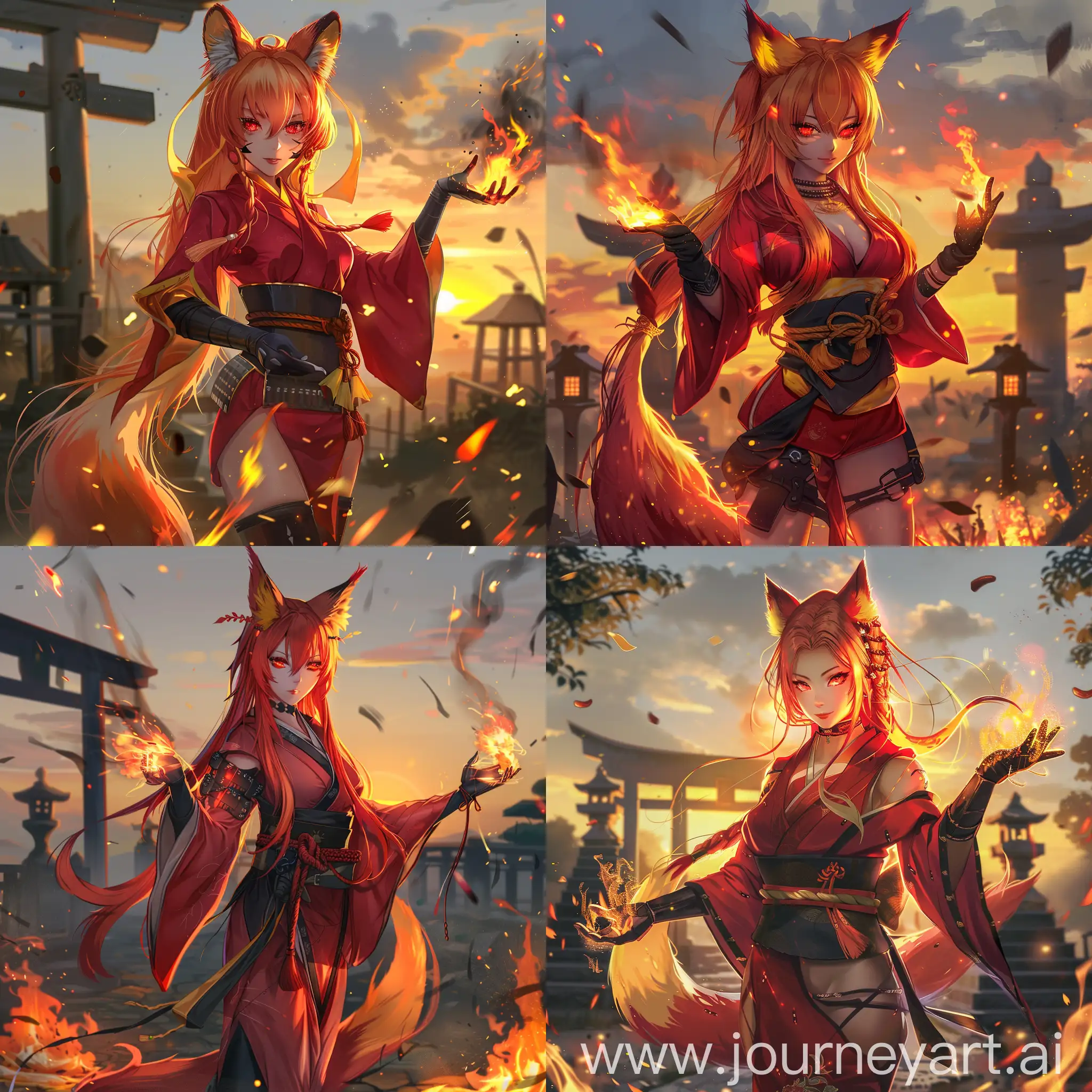 anime-style, full body, athletic, beautiful, tan skin, asian woman, long red hair with yellow highlights, red fox ears with yellow tips, red fox tail with yellow tip attached to her waist, fiery red eyes, wearing a red kimono, black hakama, black sash, long black gloves, black leather boots, casting fire magic, hands wrapped in fire,  good anatomy, dynamic, embers falling in foreground, shinto shrine, sunset