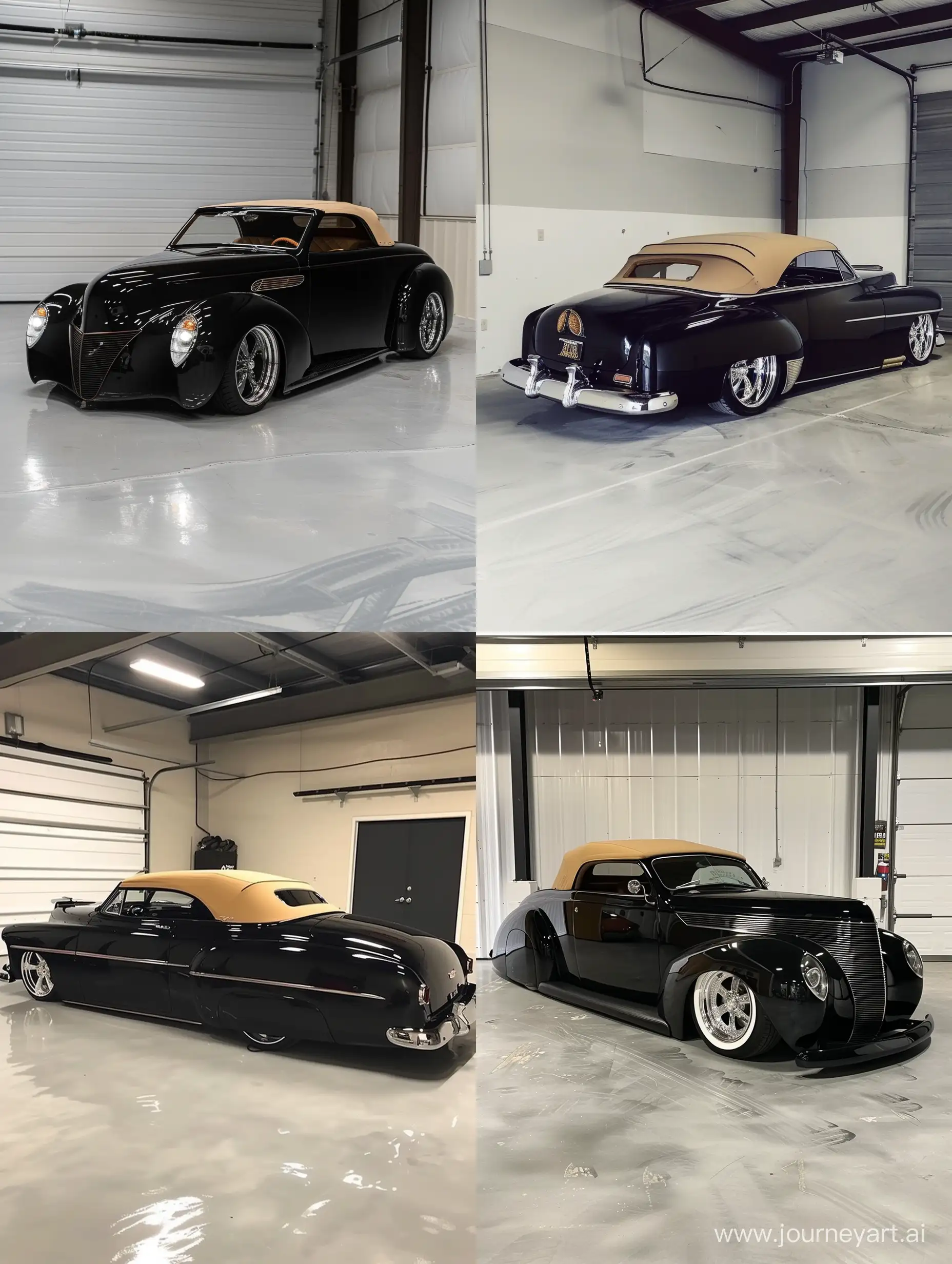 A black, old school car sits in a garage with white walls. The car has a tan top and is painted in black. It has chrome rims and is parked in front of a garage door.midjourney