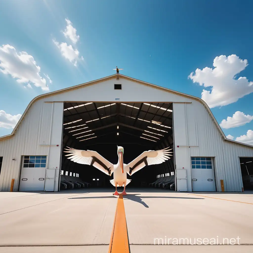 Summer Scene Pelicans Soaring from Open Airplane Hangar