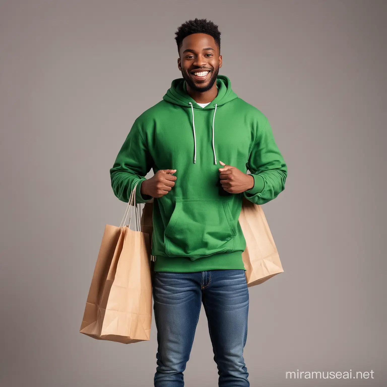 Cheerful Black Man in Green Hoodie Holding Shopping Bag