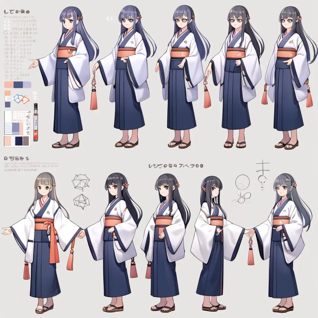 Character design sheet Outfit Clothes Full body Scholar Scientist Researcher Kimono Light Complex Simple Cute Pure Anime Girl Knowledge Life Godess