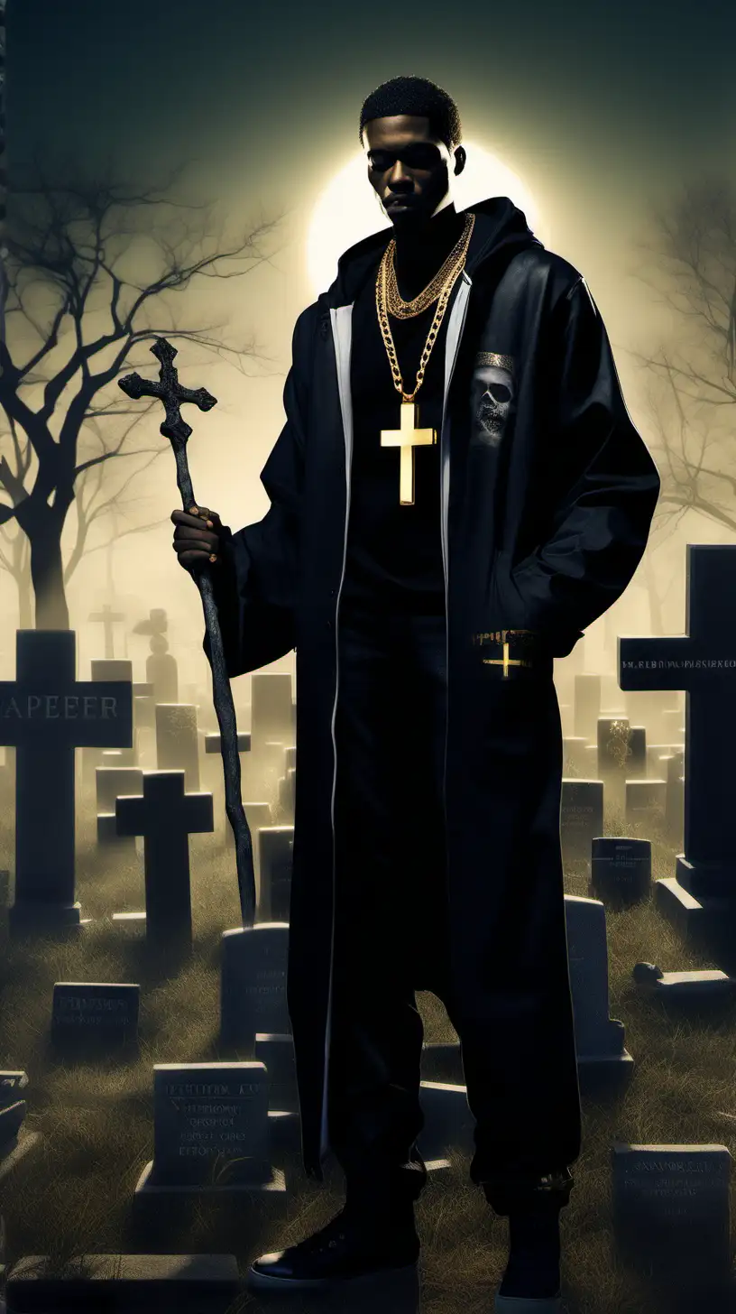 An ultrarealistic 3D image of an African American young man wearing a gold necklace with a small diamond cross, “S.E.M.” written on his shirt, sits at a graveyard with a snigger on his face as he looks at a tombstone next to him, "My Past" written on it.  Behind him is the dark silhouette of the grim reaper holding a staff.
