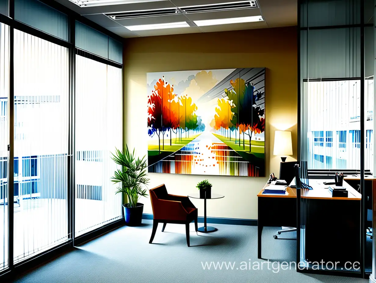 Красивая картина висит на стене в офиса рядом со большими стеклянными перегородками с жалюзи