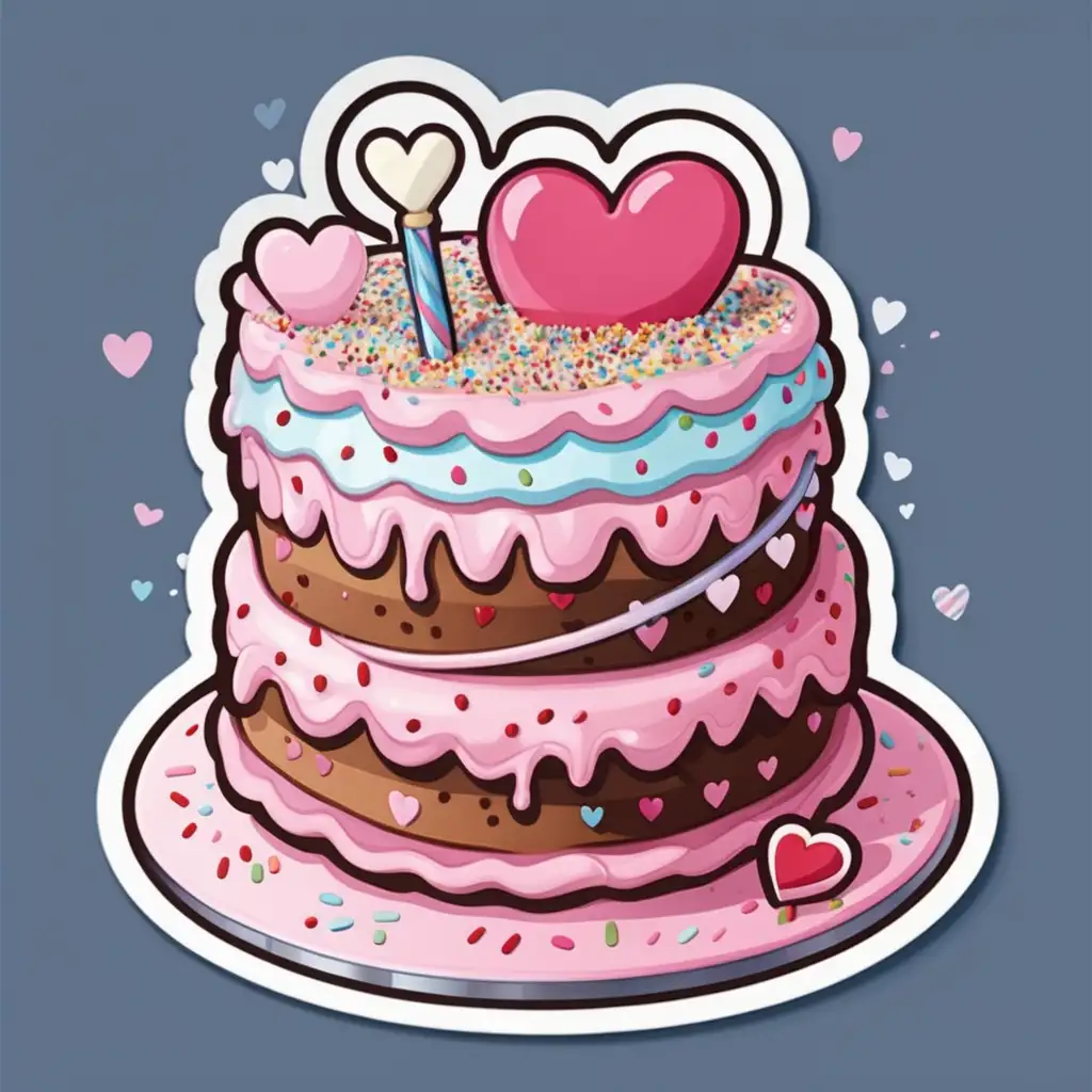 fantasy cartoon sticker, a huge adorable cake with heart shaped exagerated frosting and sprinkles,valentine theme