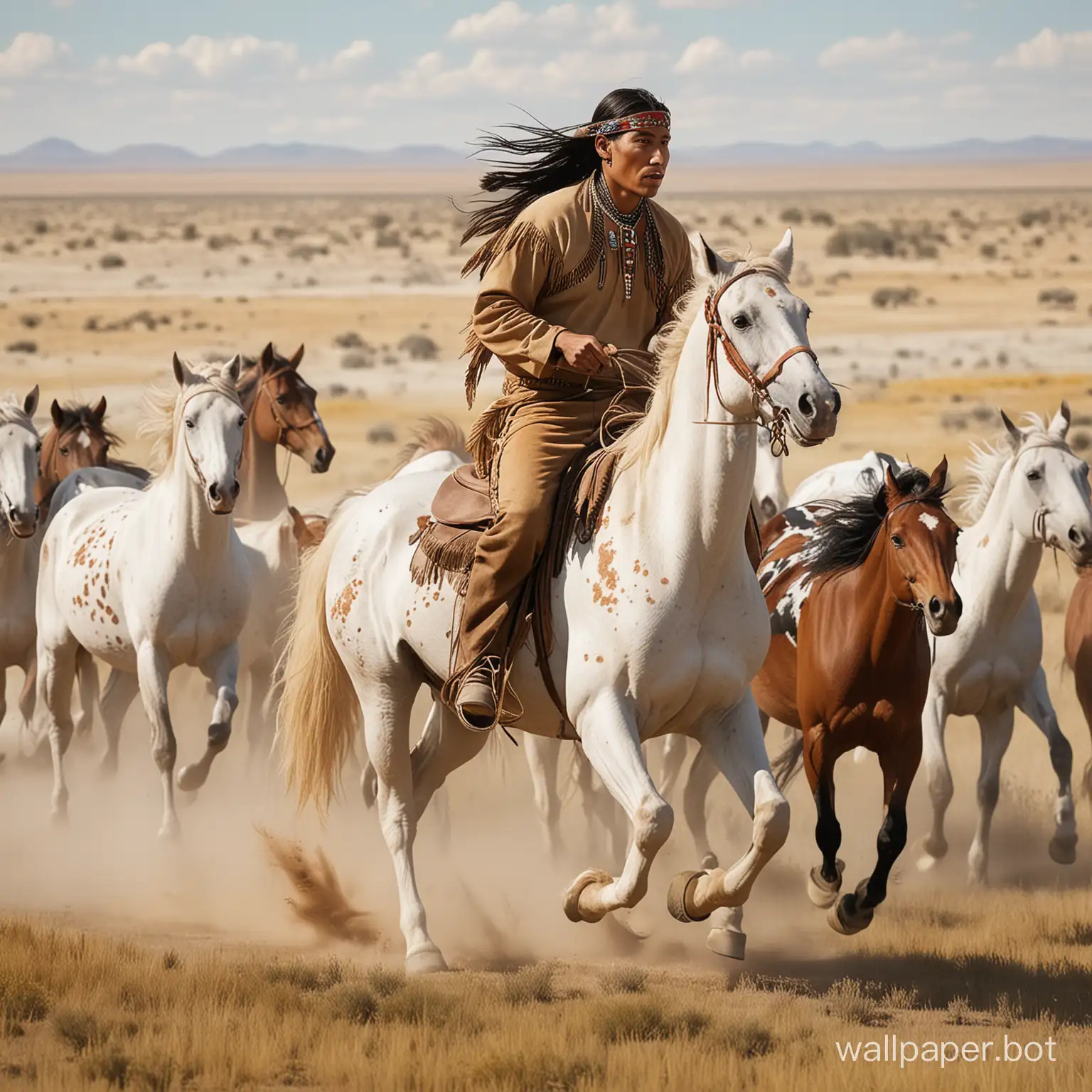 Native American riding a horse through the plains , a herd of paint horses galloping behind him