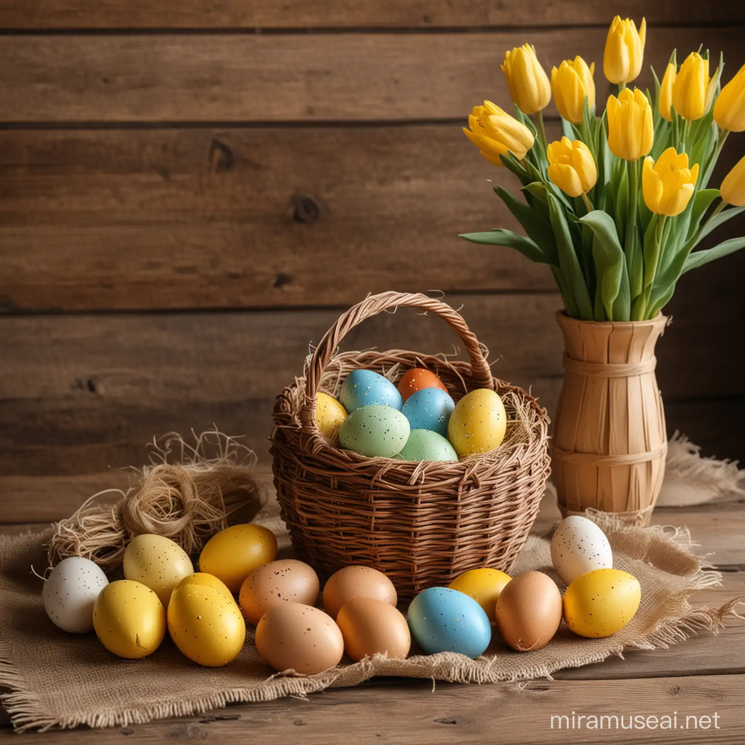Rustic Easter Table with Wooden Eggs and Spring Flowers