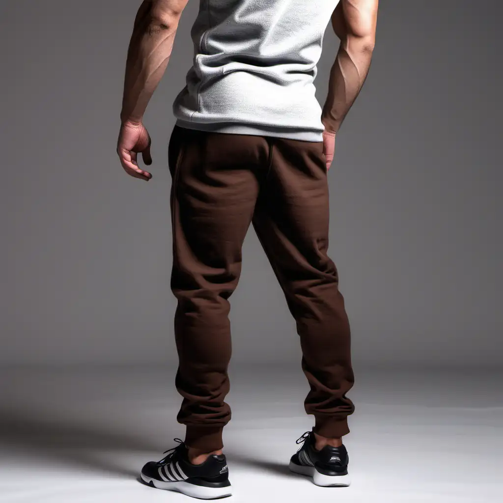 Generate an image of man  with abs wearing Chocolate brown  sweatpants from back side

