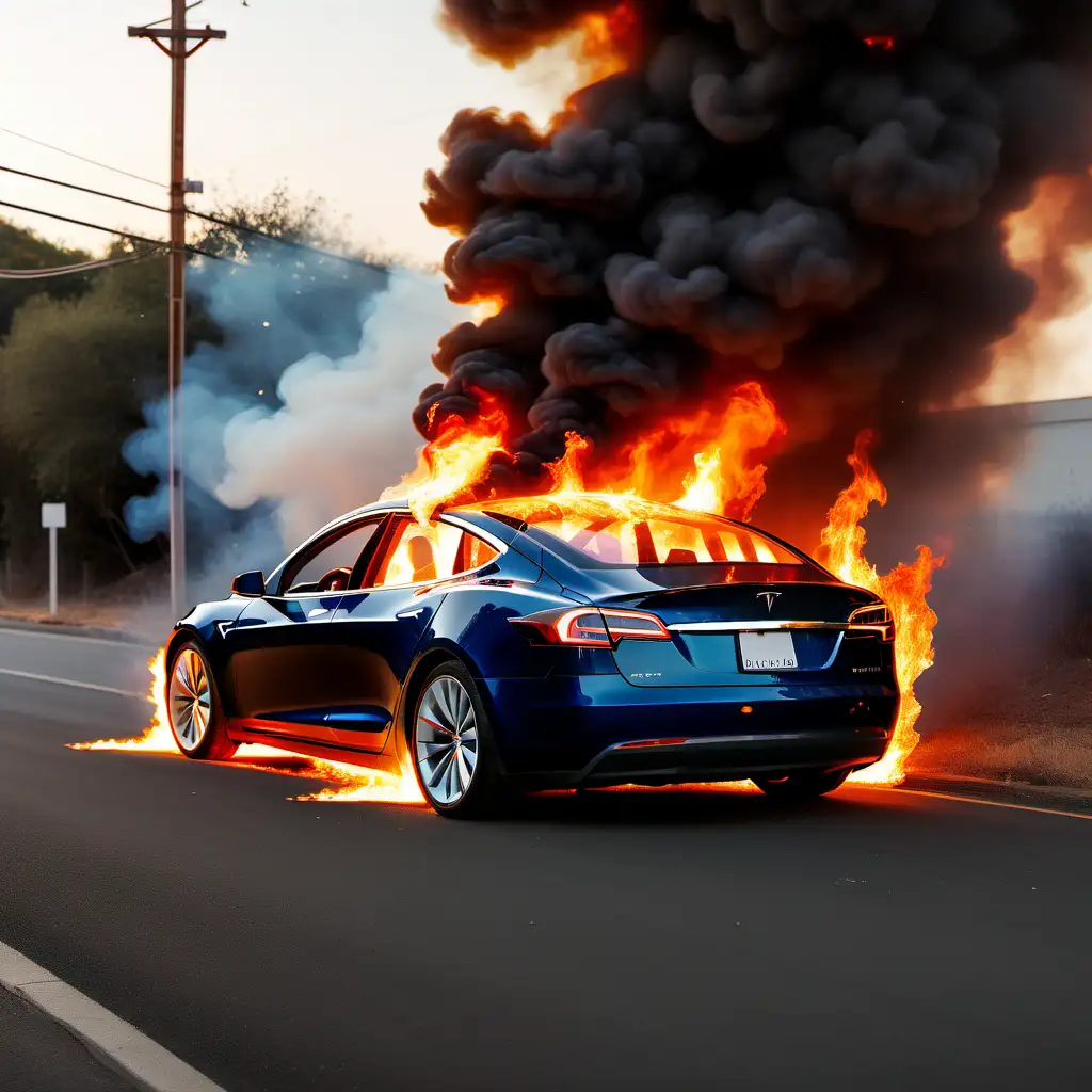 crea un'immagine di una vettura Tesla parcheggiata a lato strada che brucia