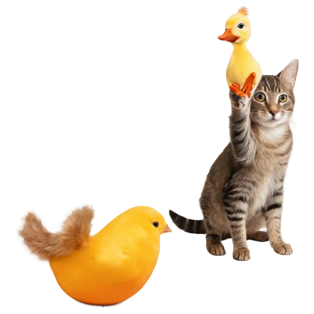 A cat with easter egg up to the head and to the one hand keeps one little duck and the other hand a chicken