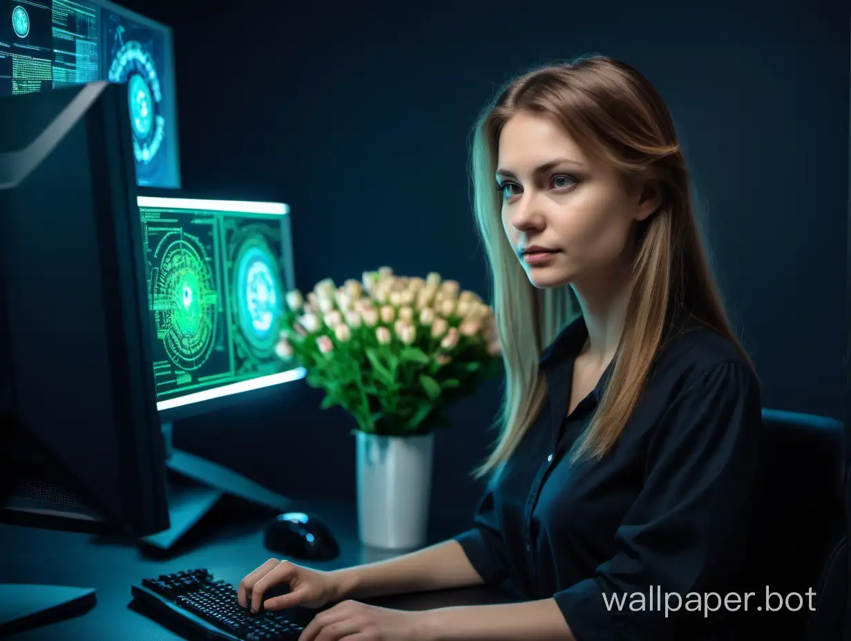 Programmer girl types and looks at the monitor, with light brown hair, 30 years old, learns AI, dark office environment, flowers, color black, green, blue