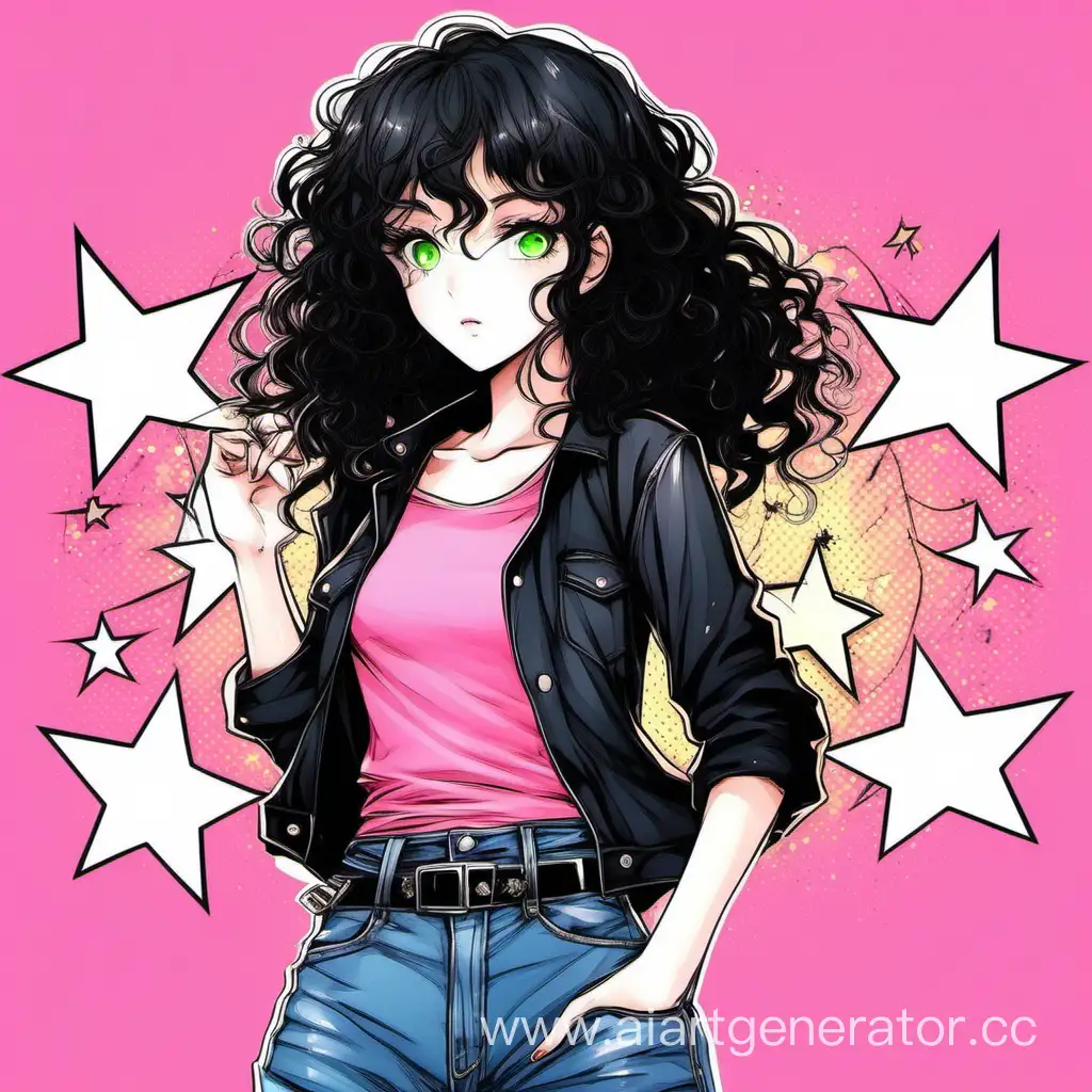 Anime style comics, a girl of about 17 years old with black curly hair, slender figure, dressed in a black top and wide jeans, jeans with a metal belt, a star, green eyes, plump pink lips