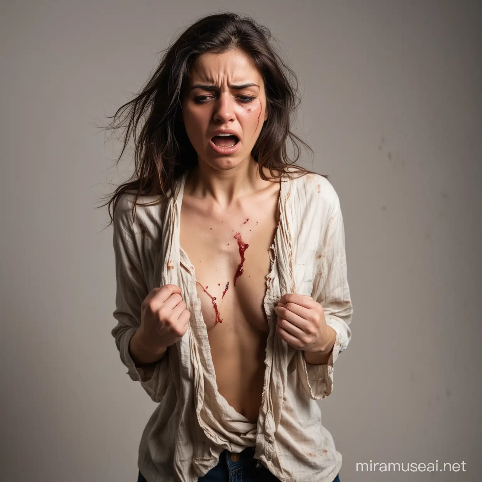 A frightened woman with torn clothes, her face and bruises on her body, who was subjected to sexual harassment and violence.