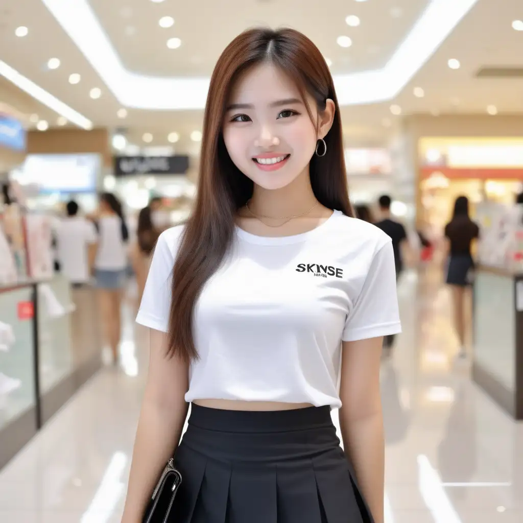 Thai cute woman 23 years old, white small t shirt Skynse name, mini skirt, fresh smile in the mall, ผิวขาว หุ่นดี สมส่วน, ultra realistic, 18k