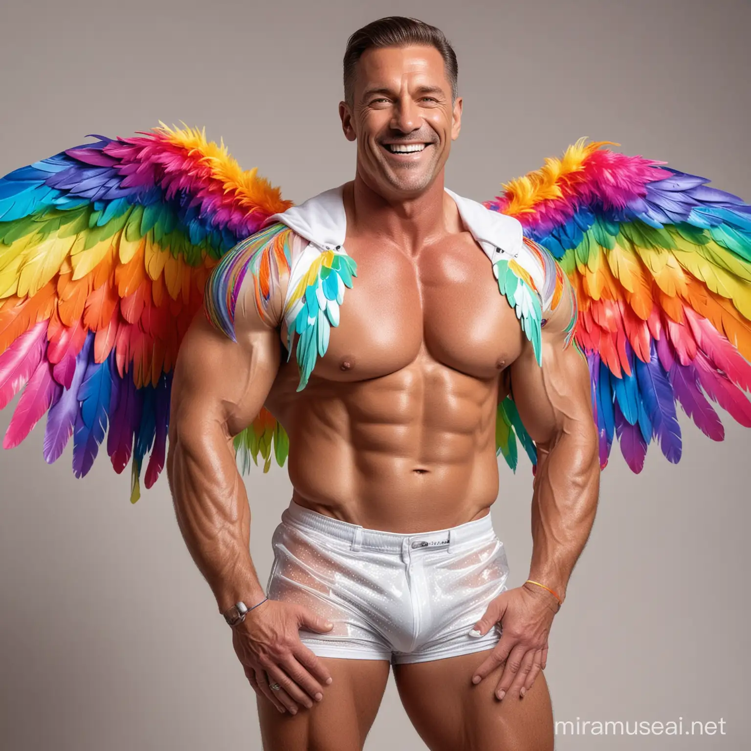 Smiling 40s Bodybuilder Daddy Flexing in Colorful Eagle Wings Jacket