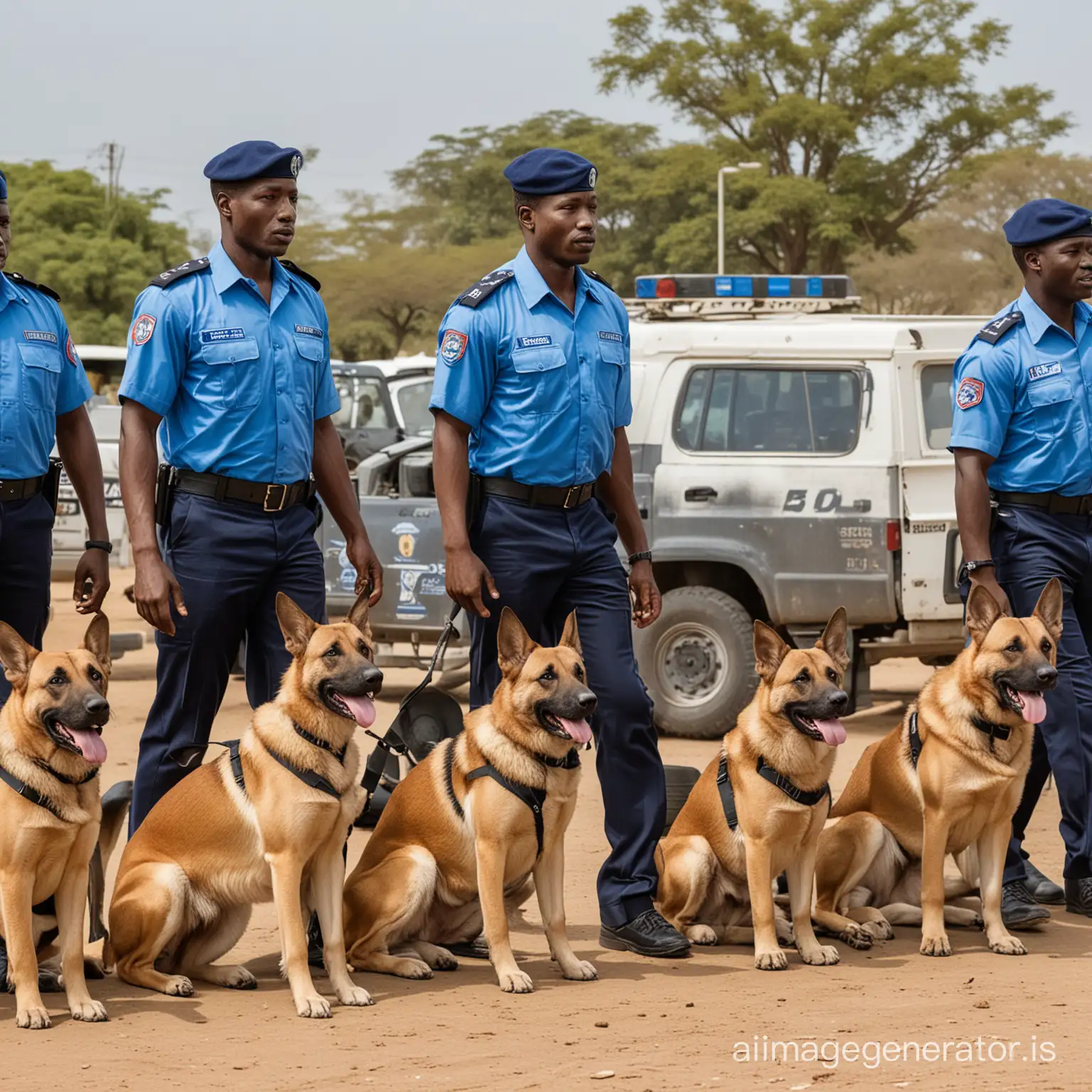 Twenty African security staff are well-equipped, dressed in a uniform color: #6495ED 'blue' shirts and black pants, with security dogs appearing alongside them as well-trained security guards. In the background, there is a security vehicle.