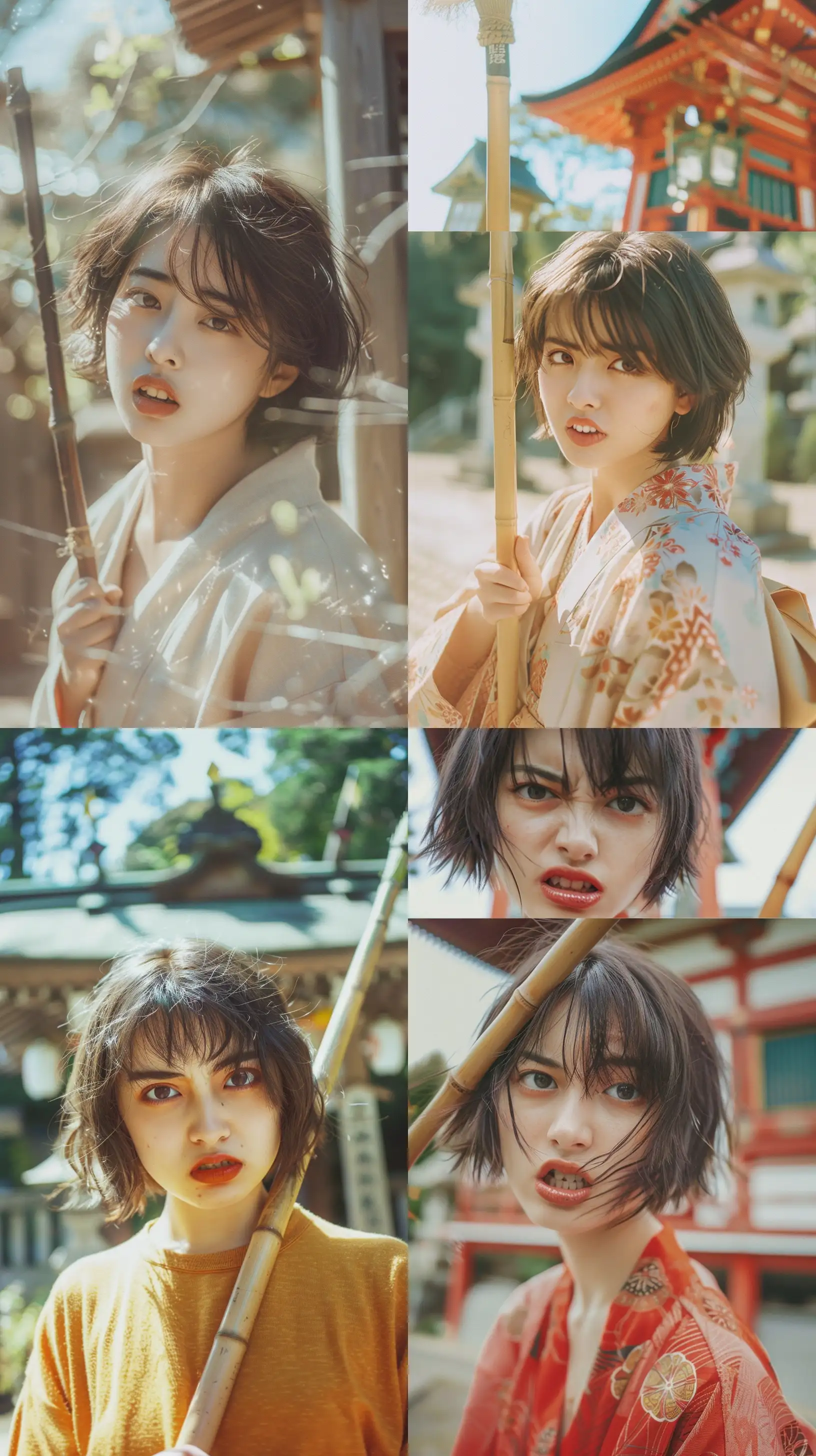 Create an image showing a cute 27-year-old Japanese woman with short hair, pretending to be angry, and a sweet smile, from an old photo album from the 90s, captured at a low angle with a movie camera aesthetic, wearing Miko's costume, outdoors Outside the shrine, the model poses cutely with a broom in different photo poses, showing a real-life perspective and recalling the nostalgic atmosphere of film photography. Emphasize soft natural light, clear lighting, and slightly increase graininess to enhance the timeless and lively feel of this moment. Realistic, cinematic, stunningly beautiful girls --ar 9:16