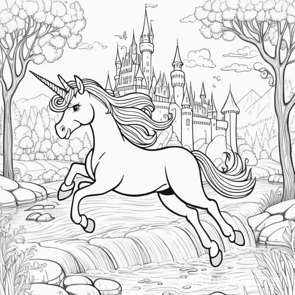 draw a funny unicorn running, background with castle and river, Walt Disney style, no colors, only white for coloring book. design must be suitable for children, use thick black lines, dominant color must be white